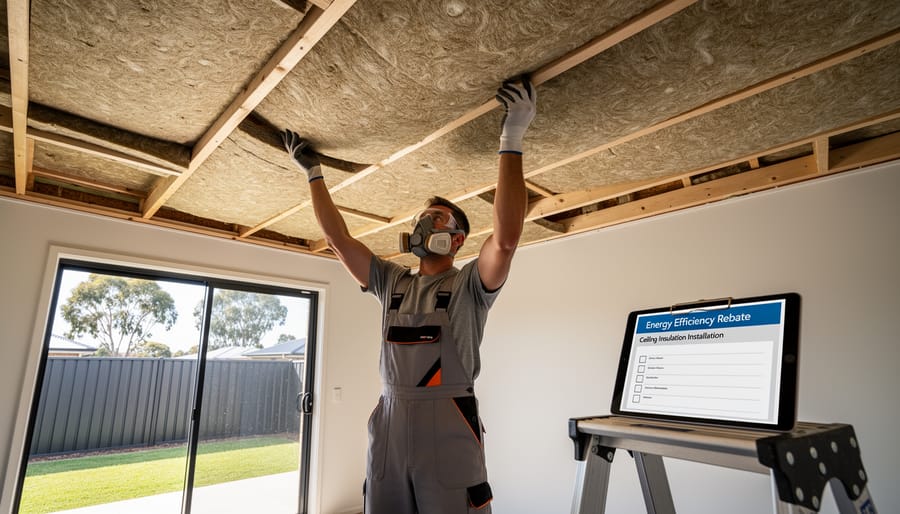 Worker installing pink insulation batts between wooden roof rafters in residential attic