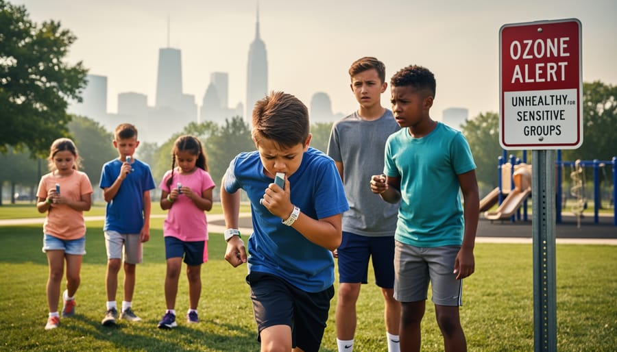 Child athlete holding asthma inhaler on sports field representing vulnerable populations affected by ozone pollution