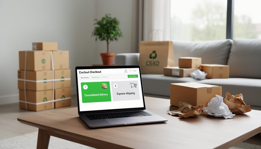Person selecting eco-friendly delivery option on smartphone during online checkout