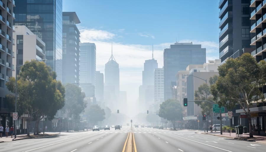 Sydney cityscape with visible atmospheric haze on sunny day showing air quality conditions