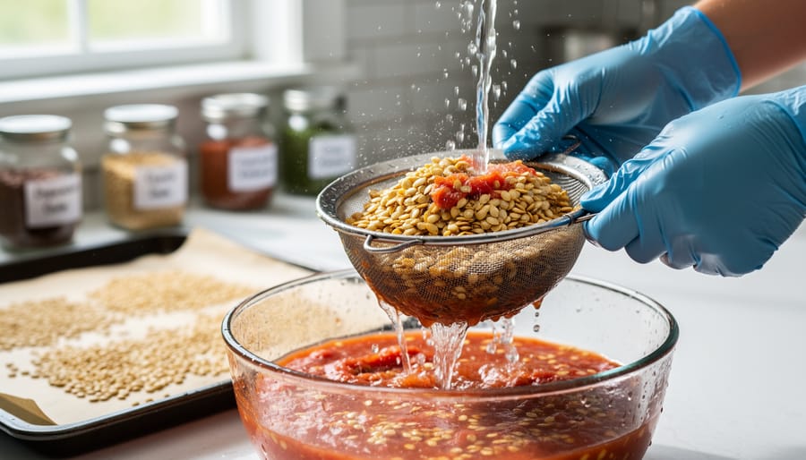 Hands straining and cleaning tomato seeds in bowl during seed saving process
