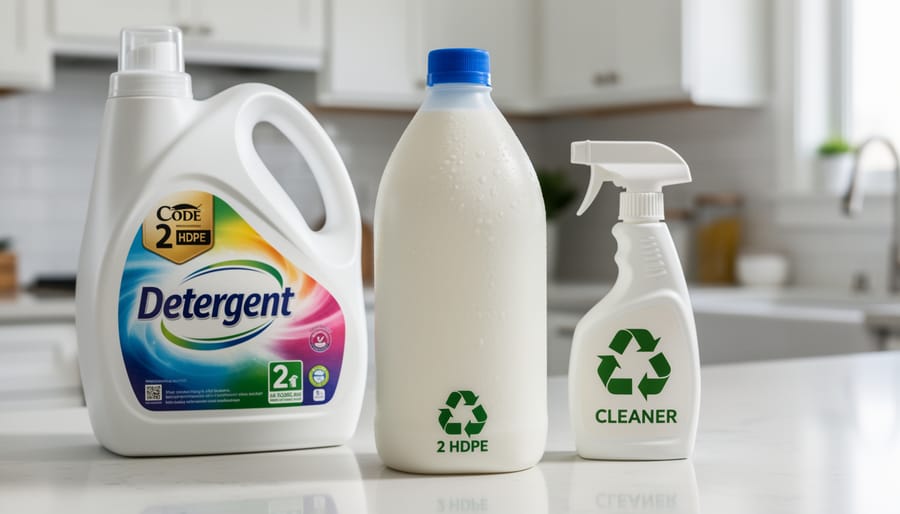 Close-up of plastic household containers showing number 2 recycling code symbol