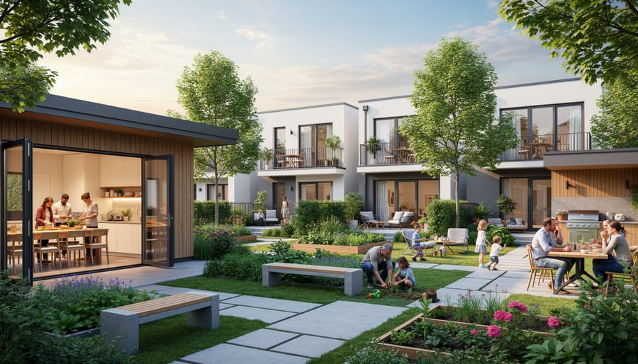 Aerial view of co-housing community showing private homes arranged around shared central courtyard and common facilities