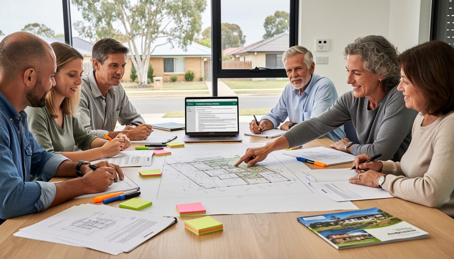 Group of people reviewing architectural plans for new co-housing development at construction site