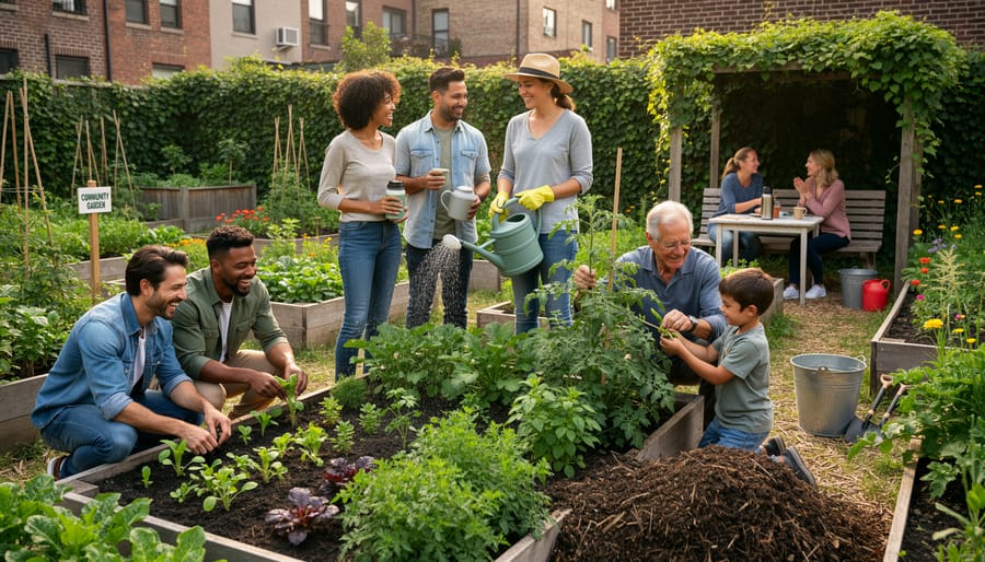 Community members gathering and socializing in productive community garden space