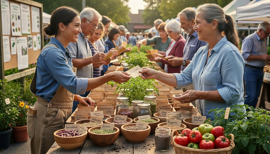 Group of gardeners exchanging seeds and talking at community seed swap event