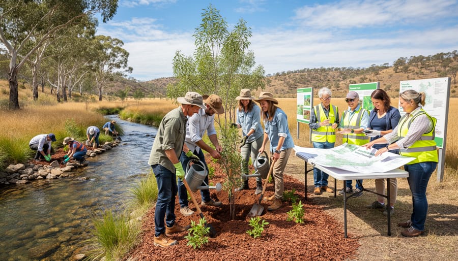 Diverse group of community members planting native trees together in local park