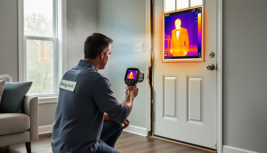 Close-up of air gap under door with light streaming through showing energy loss