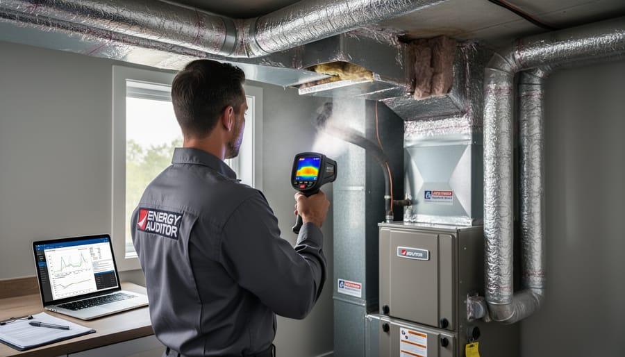 Energy auditor using thermal imaging equipment to inspect HVAC ductwork