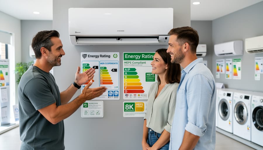 Energy efficiency rating label on modern air conditioning unit showing star rating