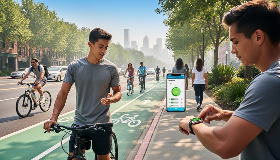Australian family cycling together on urban bike path demonstrating sustainable transport choices that reduce air pollution