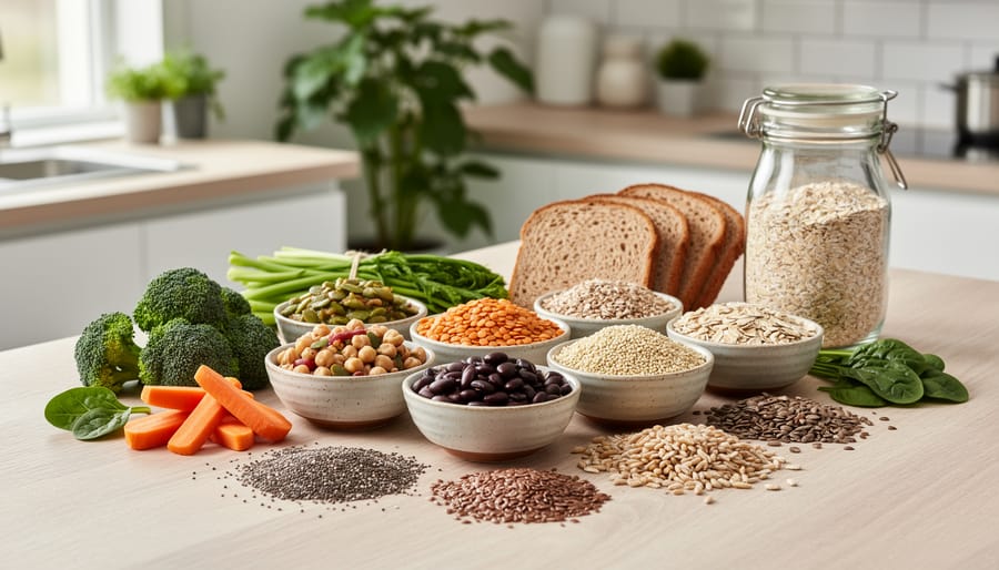 Assortment of high-fiber plant foods including lentils, chickpeas, quinoa, and seeds in wooden bowls