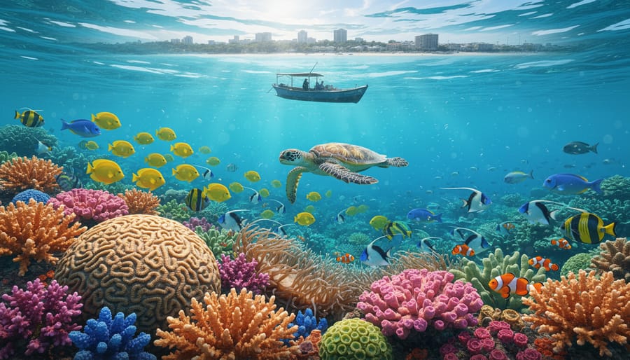 Vibrant coral reef ecosystem with colorful coral formations and tropical fish in clear blue water