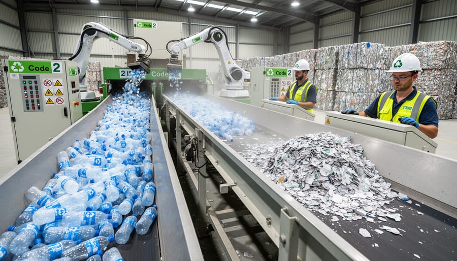 Worker sorting HDPE plastic bottles at recycling facility processing center