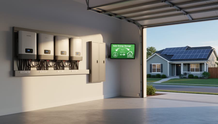 Modern home battery storage unit installed on interior wall with indicator lights