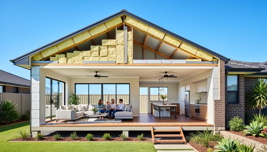 Professional installer fitting reflective insulation batts between ceiling rafters