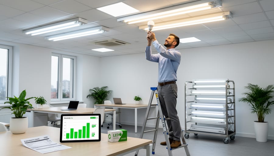 Hand installing LED light bulb in ceiling fixture for energy efficiency