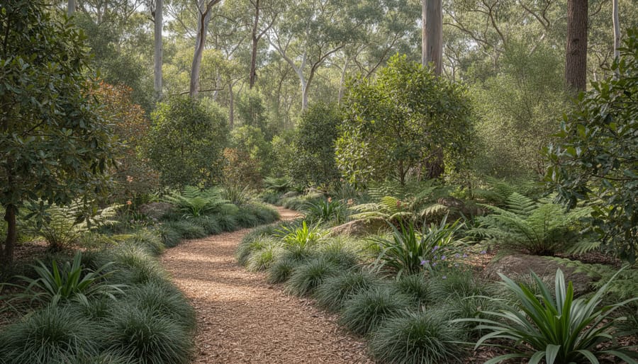 Established multi-layered Australian native woodland garden with flowering shrubs and ground covers under tree canopy