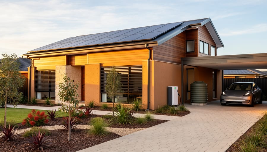Modern Australian home with solar panels and native landscaping
