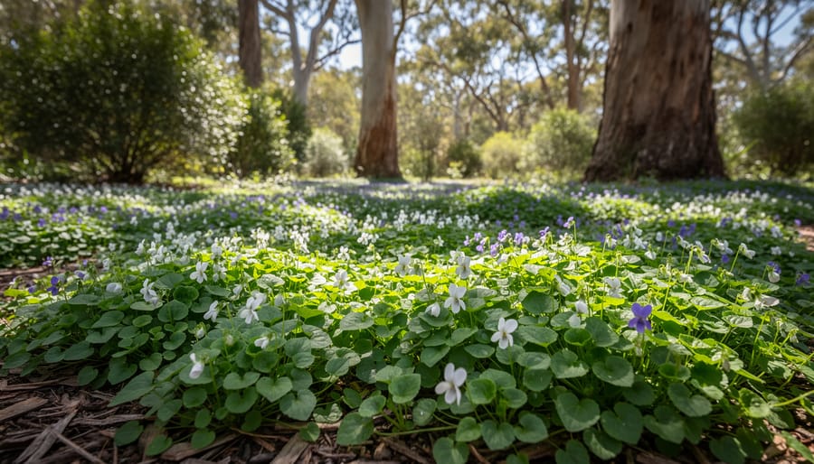 Lush native ground cover plants including violets flowering beneath dappled shade of tree canopy