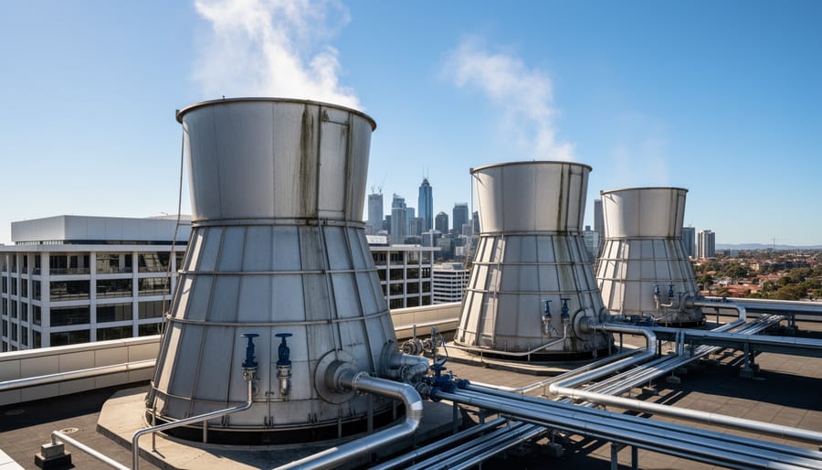 Modern cooling tower system on office building rooftop with visible water mist
