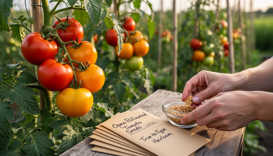 Close-up of flowering open-pollinated tomato plant with ripe fruit in garden