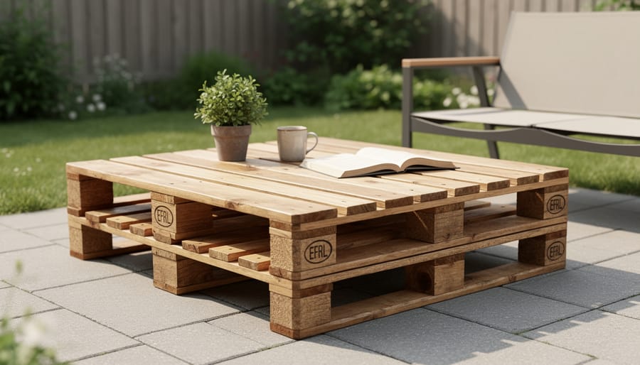 Completed pallet wood coffee table on outdoor deck with weathered finish