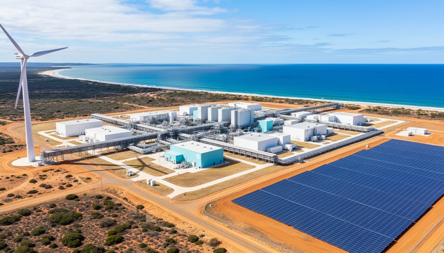 Aerial view of Perth desalination plant on coastline with wind turbines in background