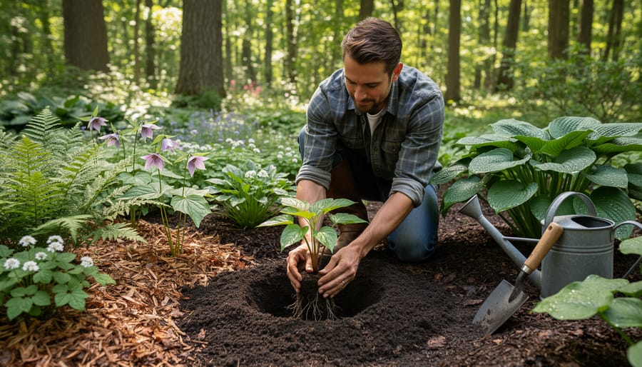 Gardener's hands planting native shrub seedling in mulched woodland garden bed