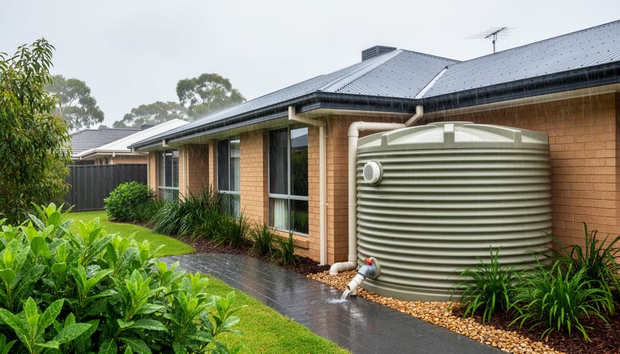 Rainwater collection tank installed beside residential home with connected downpipes