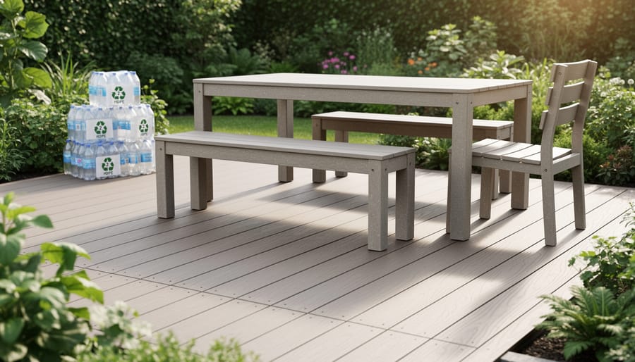 Outdoor deck and furniture made from recycled HDPE plastic materials