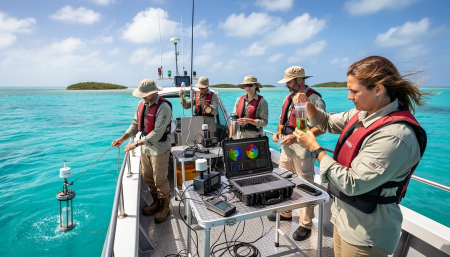 Marine scientist collecting water quality sample from research boat on Great Barrier Reef