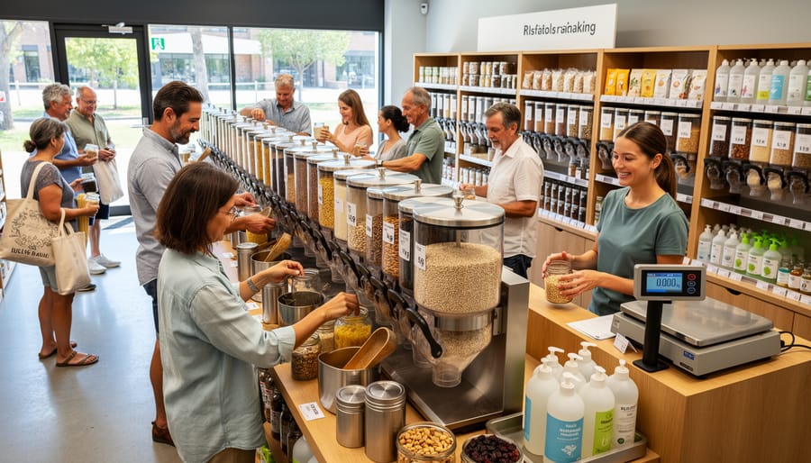 Customers refilling reusable containers at Australian bulk food store