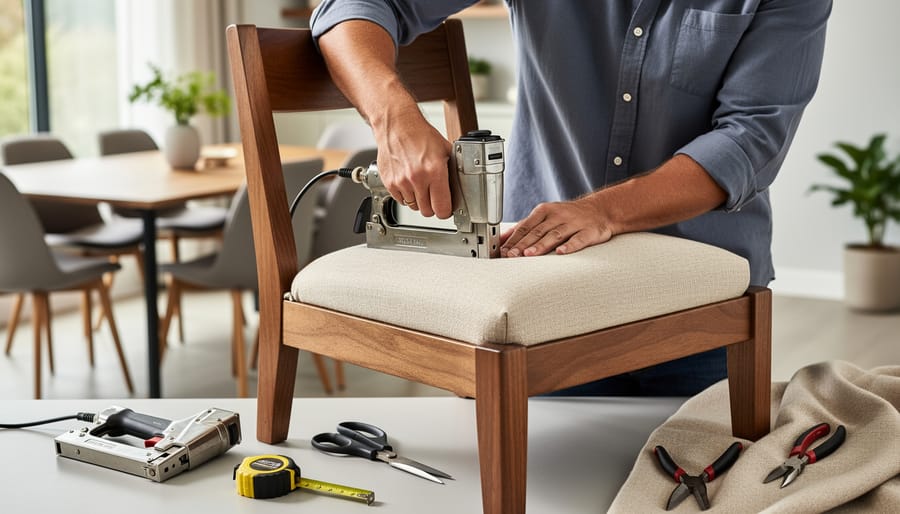 Person using staple gun to attach fabric to wooden chair frame during reupholstering