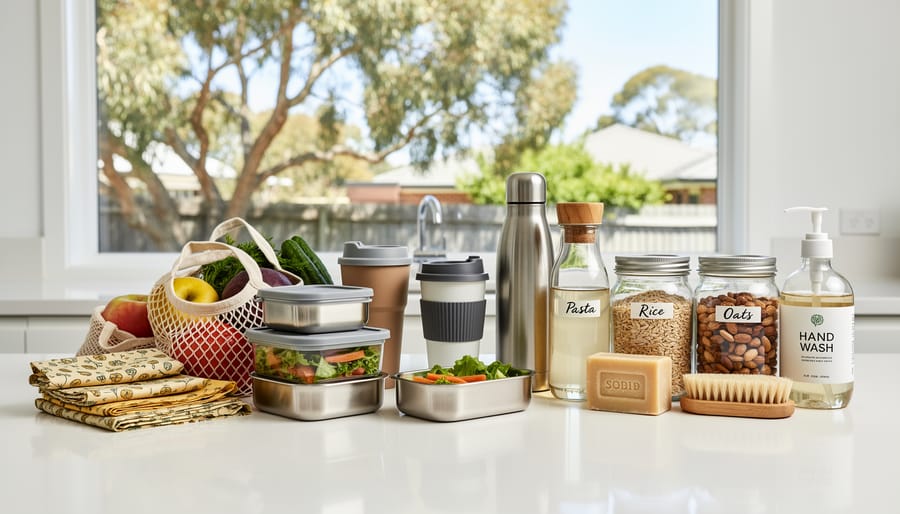 Collection of reusable containers, bags, and wraps arranged on wooden table