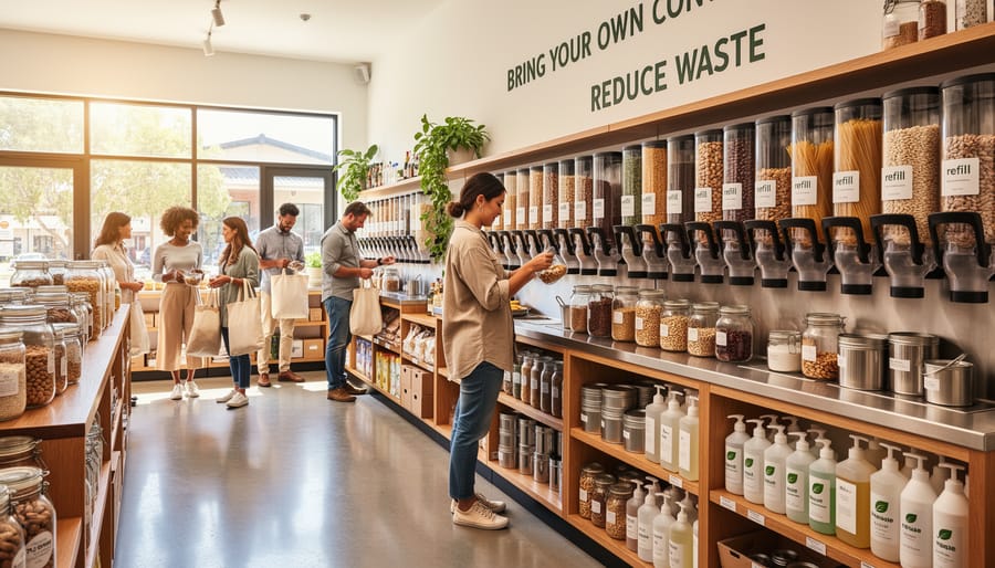 Customers shopping with reusable bags and containers at Australian farmers market