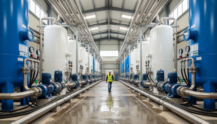 Close-up of reverse osmosis membrane filtration system in desalination plant