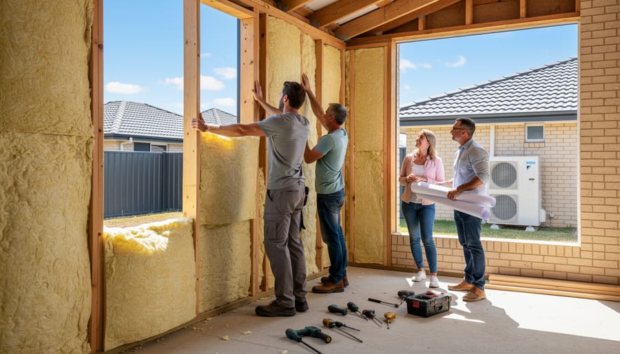 Tradesperson installing reflective insulation in residential roof space