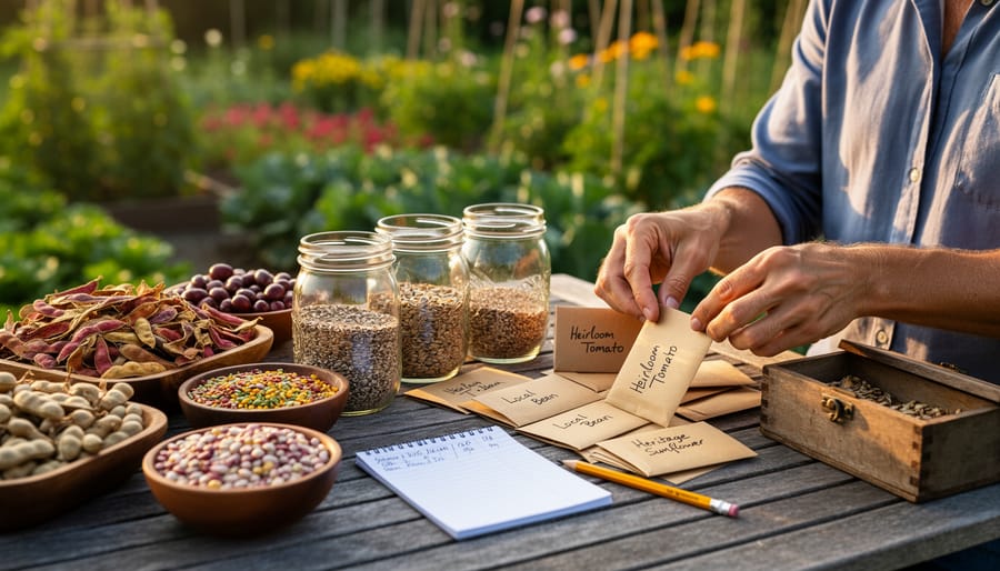 Overhead view of hands holding various heirloom seeds in jars and envelopes on wooden surface
