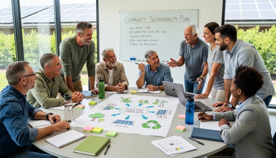 Overhead view of diverse hands joined together over table with sustainability planning materials