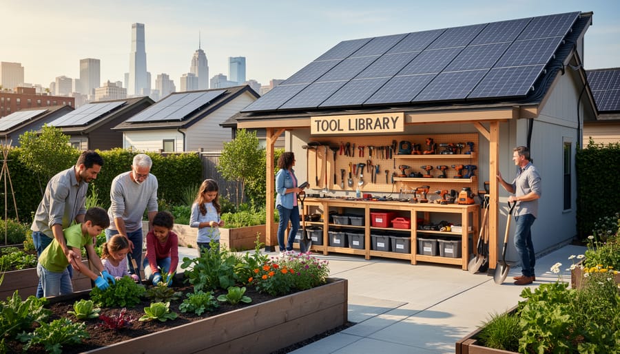 Community garden with solar panels, raised vegetable beds, and shared composting facilities in co-housing development