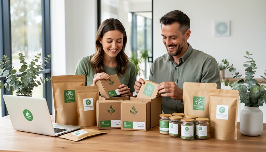 Business owner wrapping product in sustainable recycled paper packaging at retail counter