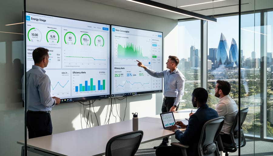Digital smart meter monitoring device installed on office building wall