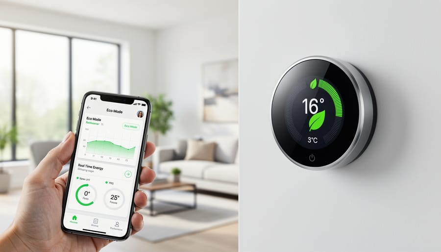 Smart thermostat on wall with smartphone showing control app interface