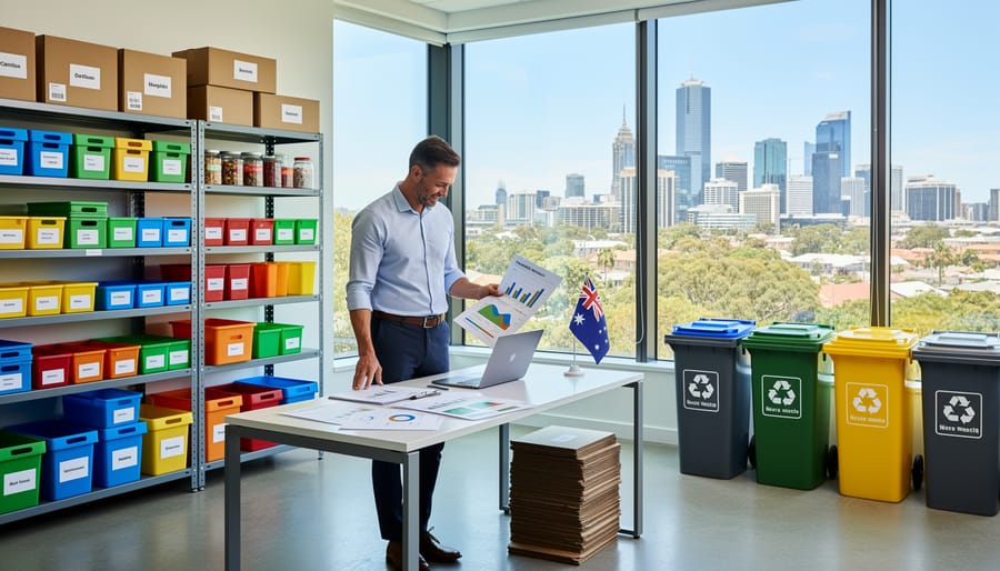 Small business owner managing sustainable inventory in organized warehouse