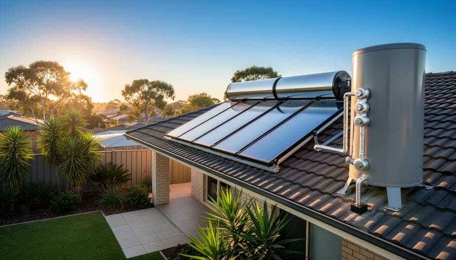 Solar hot water heating system installed on Australian home roof