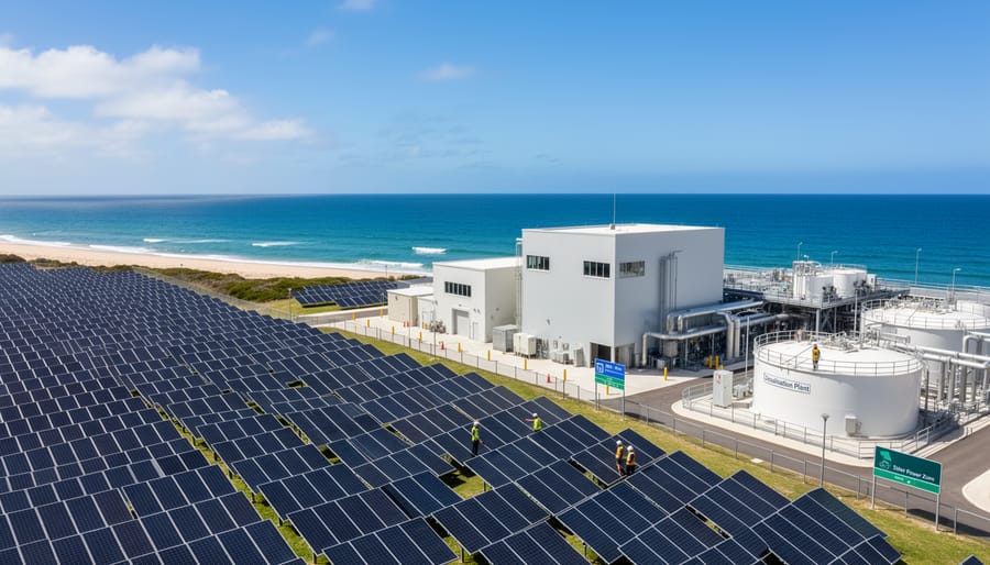 Solar panel installation on desalination plant with ocean in background