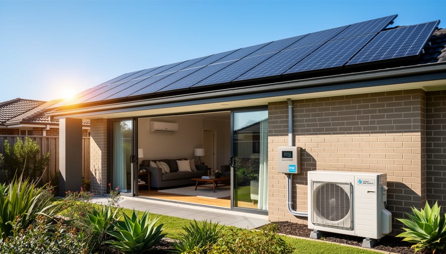 Solar panels installed on Australian home roof with modern air conditioning unit