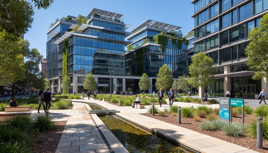 Modern Australian office building with solar panels and native drought-resistant landscaping