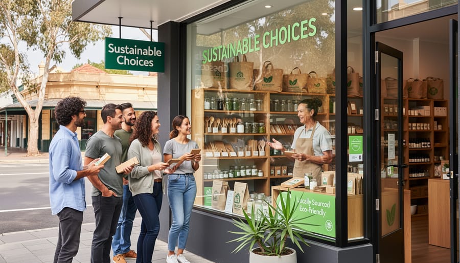 Australian business owner displaying sustainable products in eco-friendly retail store